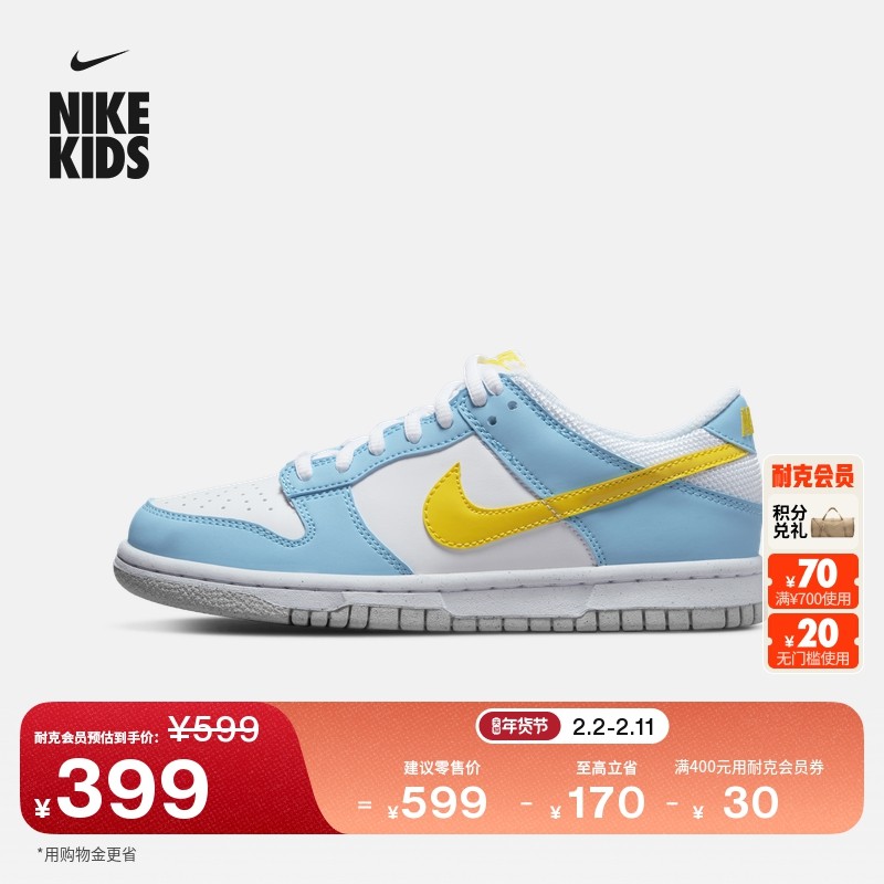 耐克大童轻便平底运动鞋冬季新款男女童胶底板鞋NIKE DUNK DX3382