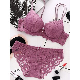 GULIBERRY无钢圈性感蕾丝聚拢文胸套装 小胸罩女士无痕内衣 薄杯款