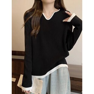 胖妹妹V领黑色毛衣打底衫 GULIBERRY法式 T恤女大码 正肩长袖 针织衫