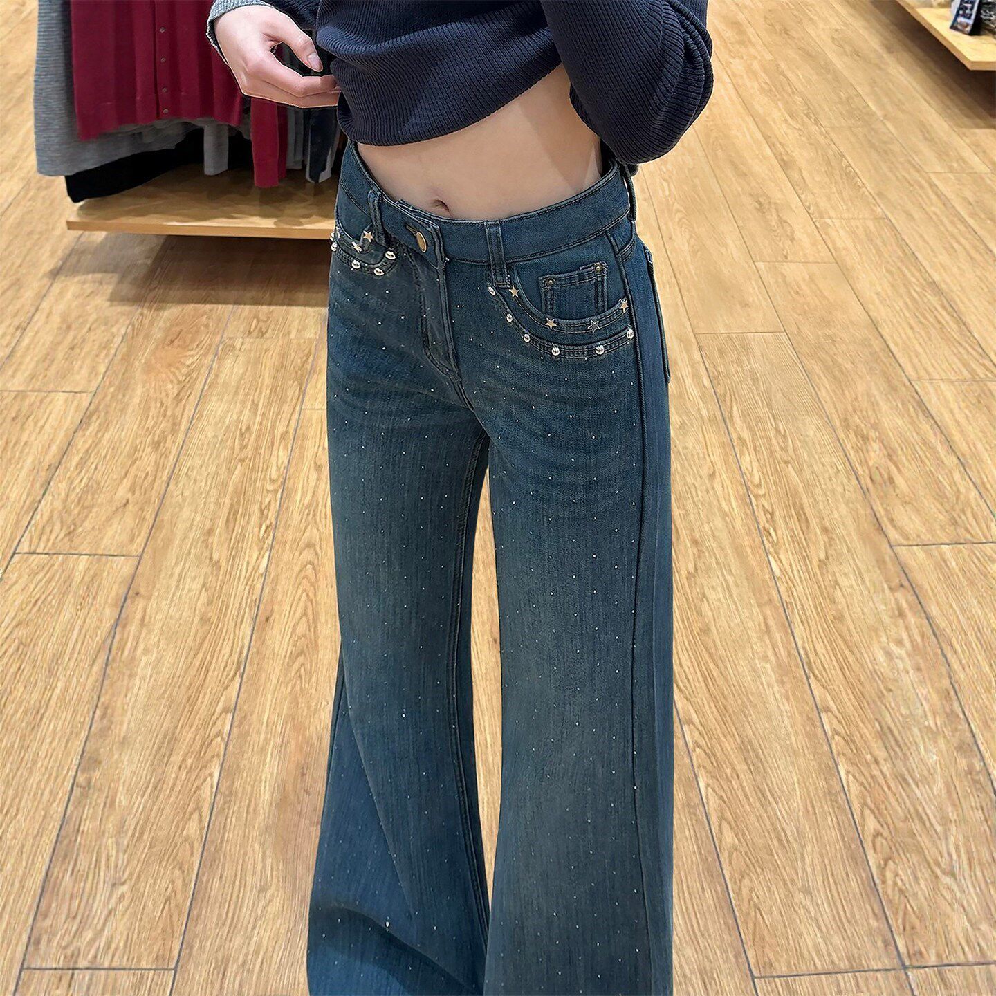 GULIBERRY复古蓝满天星烫钻微喇牛仔裤女胖mm高腰不贴腿喇叭裤