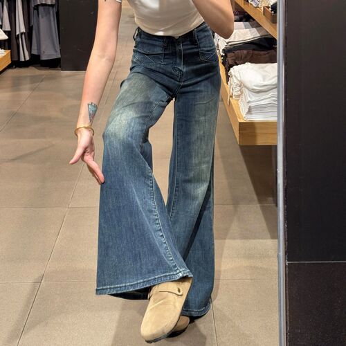 GULIBERRY微喇牛仔裤女秋冬加绒阔腿显瘦胖妹妹mm美式松弛感裤子