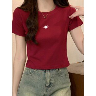 酒红色圆领短袖 新款 t恤百搭印花潮 上衣女2026夏季 GULIBERRY短款