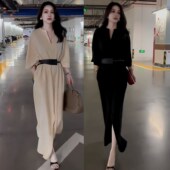 GULIBERRY时尚 减龄穿搭连衣裙女绝美洋气显瘦独特掐腰开叉长裙