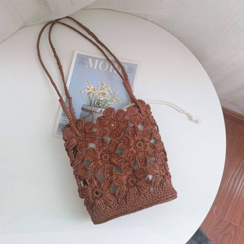 成品手工钩织拉菲草编织法式花朵女生单肩包春夏季出游手提包