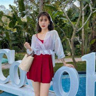 连体遮肚温泉女士性感两件套保守ins风仙女范 罩衫 泳衣女韩版 长袖