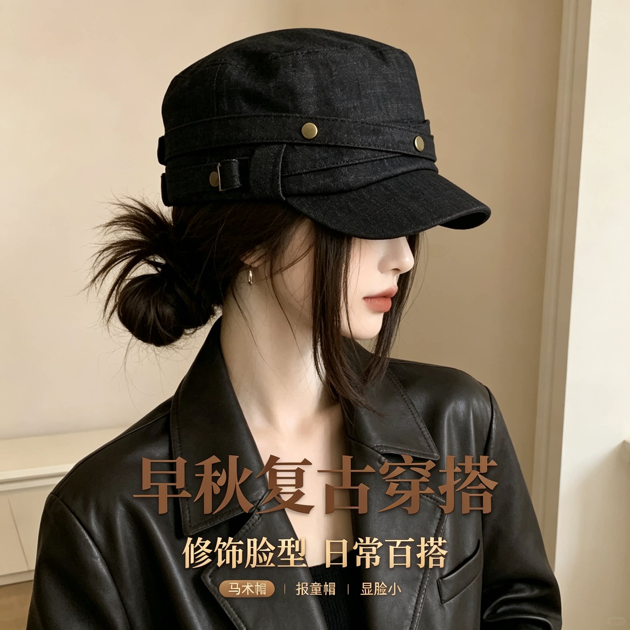 松弛丹宁系复古黑色牛仔马术帽女宽檐显脸小平顶文艺铆钉报童帽子