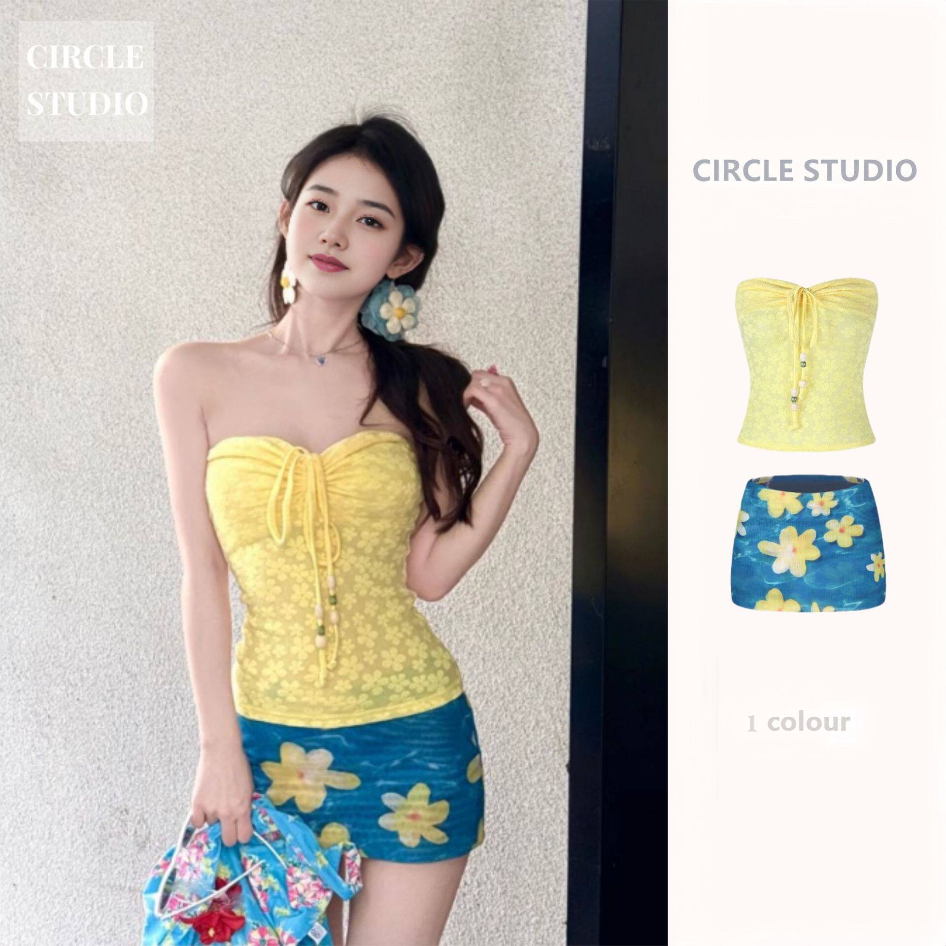 海边度假风辣妹比基尼分体泳衣女抹胸挂脖上衣高腰包臀短裙两件套