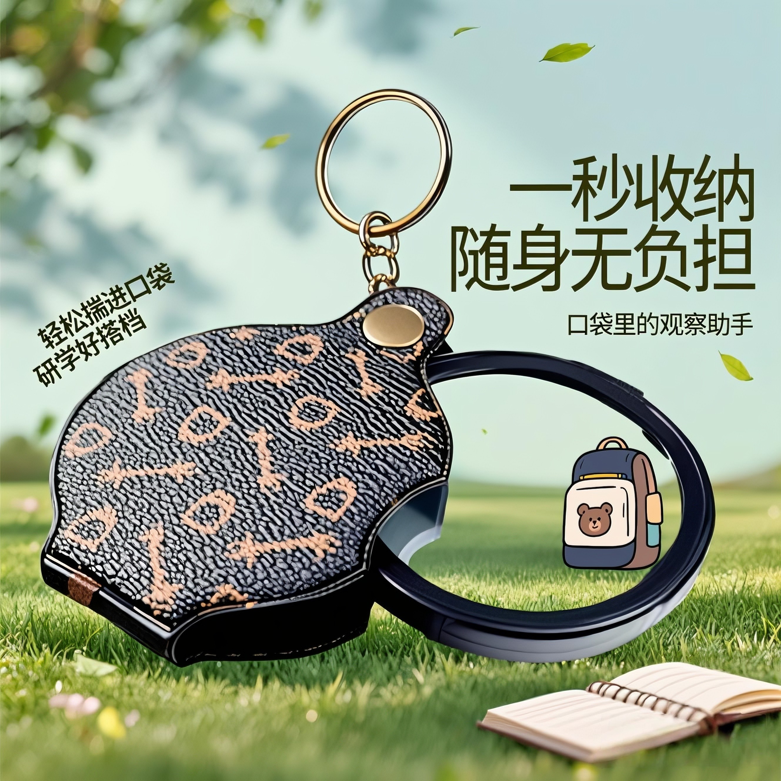 放大镜学生专用高清高倍儿童不伤眼扩大镜20倍折叠式手持植物昆虫观察科学实验老人阅读字体放大器皮套钥匙扣