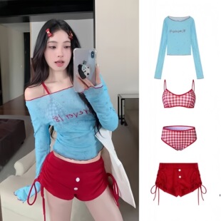 纯欲风长袖防晒罩衫四件套分体比基尼游泳衣女海边多巴胺穿搭套装