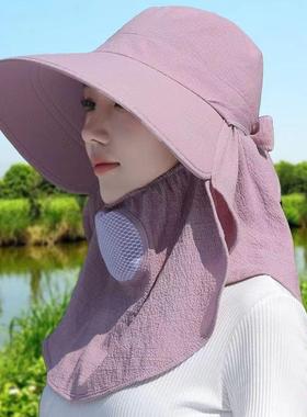 春夏季防晒帽采茶帽女士钓鱼帽纯色采茶帽遮脸口罩帽可卷便携