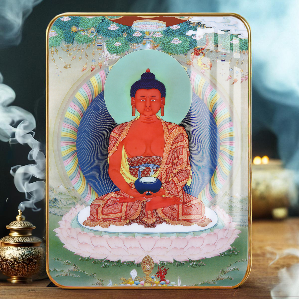 阿弥陀佛摆台画观想图摆件定制学院版唐卡挂画水晶摆台高清防水画
