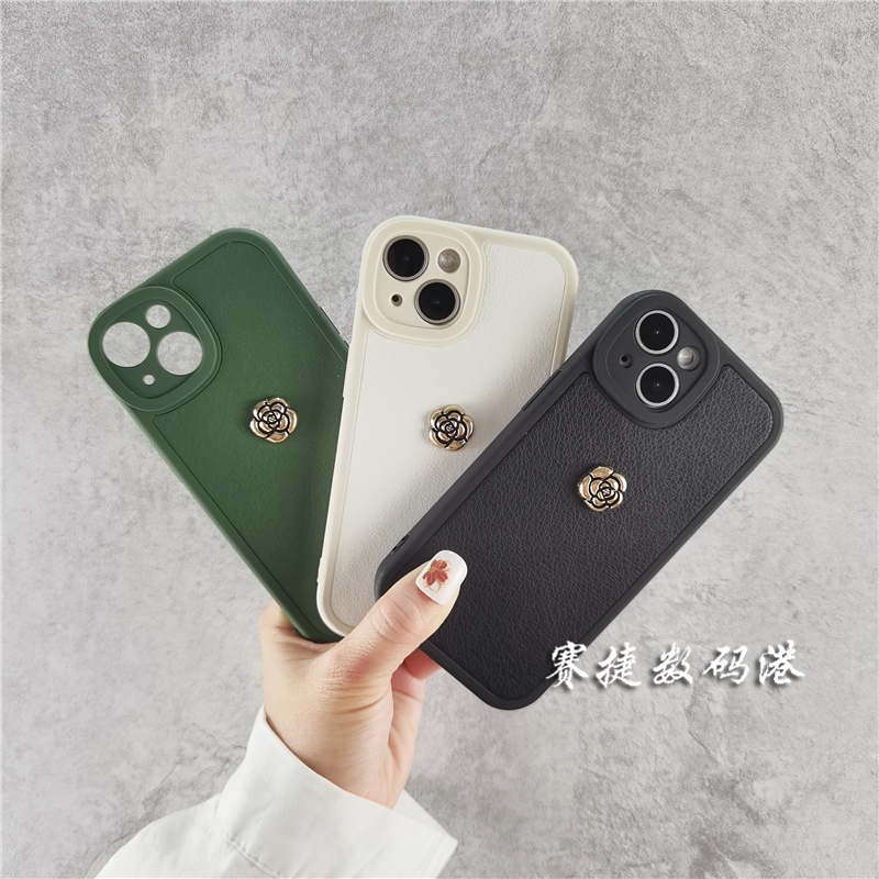 高级感皮质金属山茶花苹果手机壳