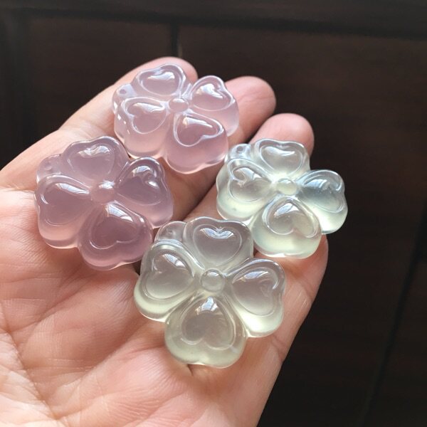 佳石琦缘天然灰紫绿冰飘玛瑙吊坠手工雕刻四叶草原石锁骨链女34