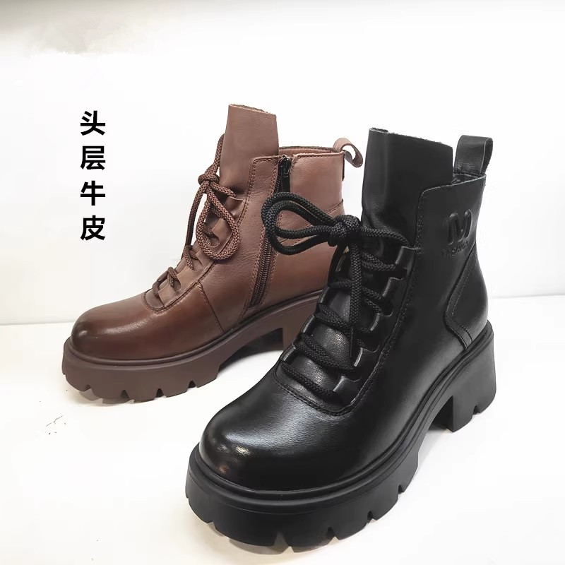 牛皮马丁靴加绒聚氨酯真皮女靴子