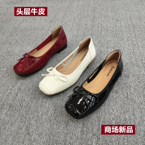 春夏新款真皮方头蝴蝶结平底单鞋
