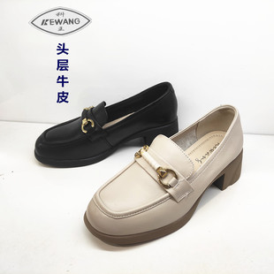商场新款乐福鞋女方头粗跟皮鞋2024春秋真皮英伦半高跟休闲女单鞋