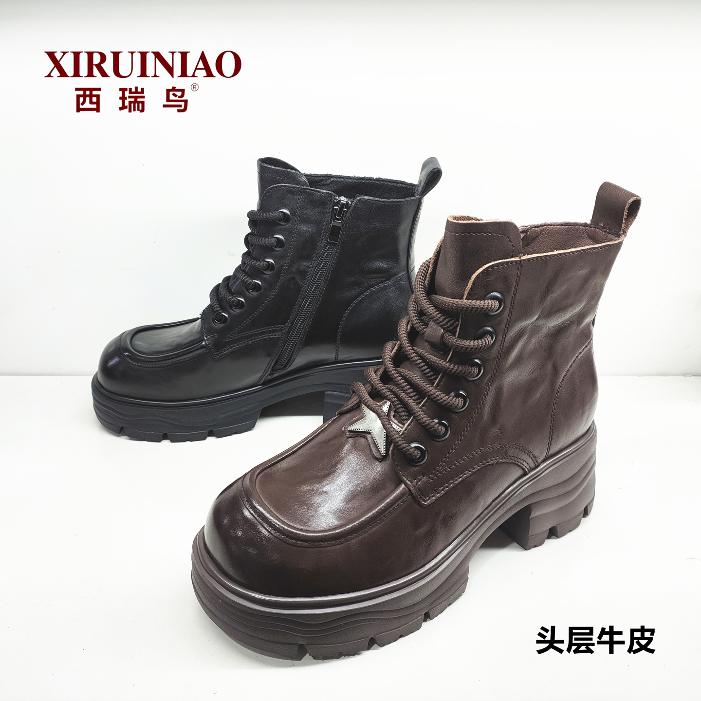 2025秋冬粗跟牛皮短靴厚底马丁靴