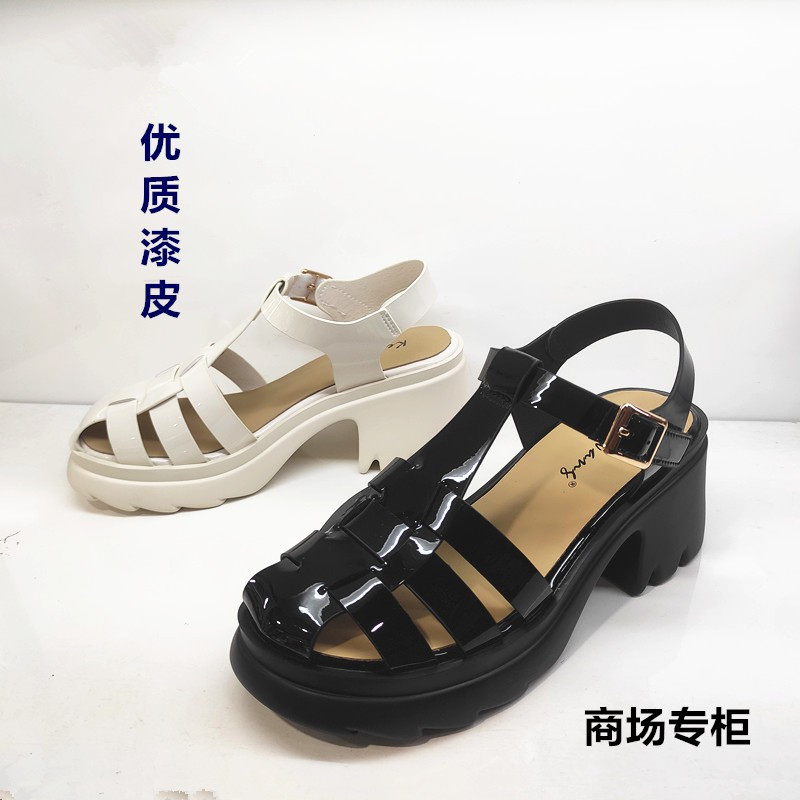 商场罗马鞋漆皮粗跟厚底女凉鞋潮