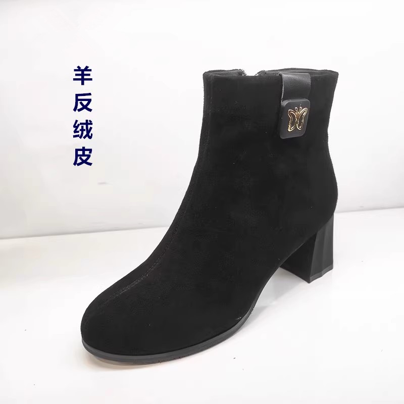 真皮粗跟加绒切尔西羊皮女靴高跟