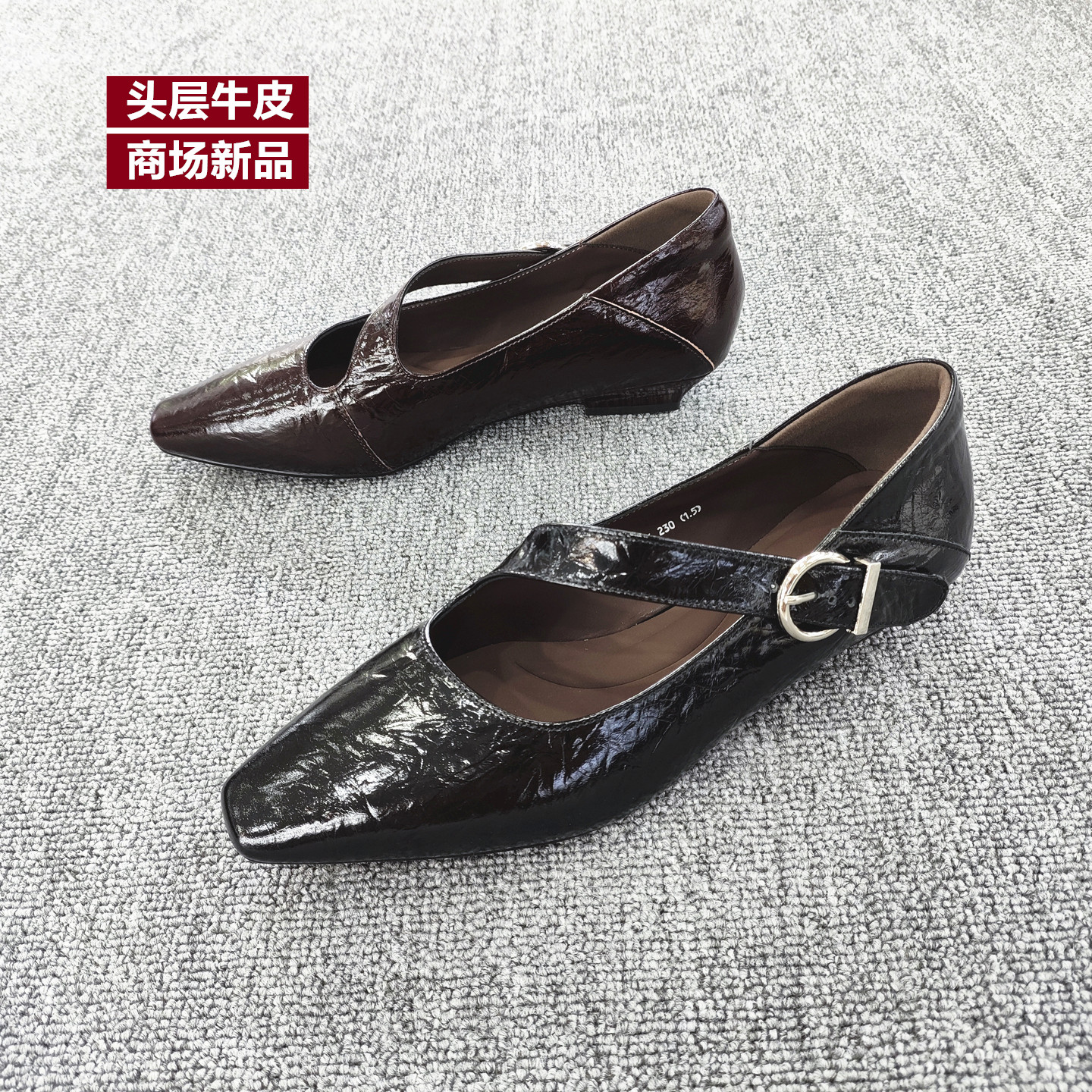 通勤漆皮一字扣玛丽珍女单鞋时尚