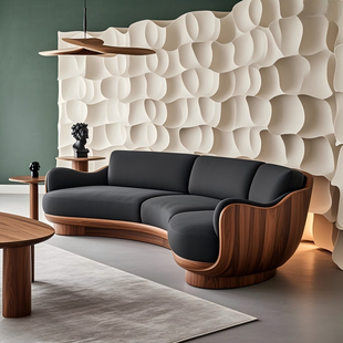 美学茶室设计师款 黑胡桃木酒店 弧形实木沙发组合禅意宋式 新中式