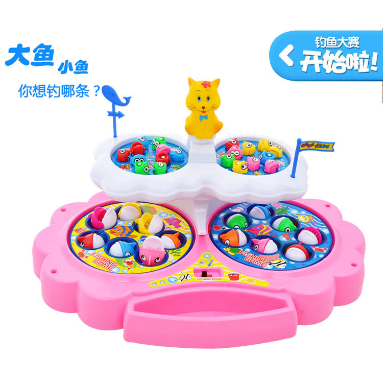 电动双层旋转儿童钓鱼盘 小猫磁性钓鱼启蒙钓鱼玩具