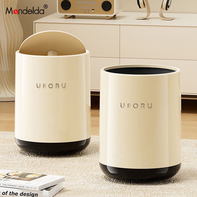 满得达垃圾桶家用高级感客厅卧室大容量塑料纸篓奶油风双层翻盖式