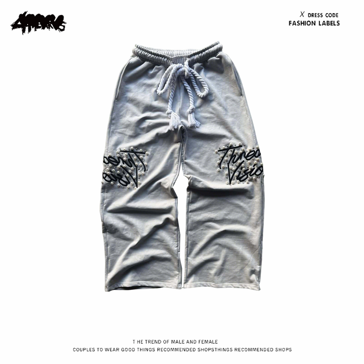y2k hoodie~美式嘻哈风珍珠装饰宽松卫裤女街头休闲直筒长裤灰色