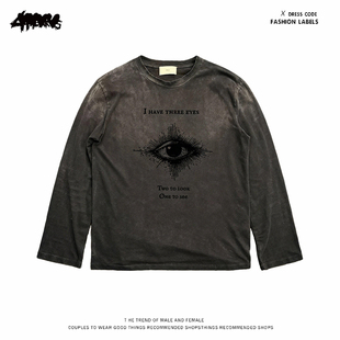 y2k hoodie~复古做旧长袖T恤男女同款眼睛印花设计感潮牌手绘上衣