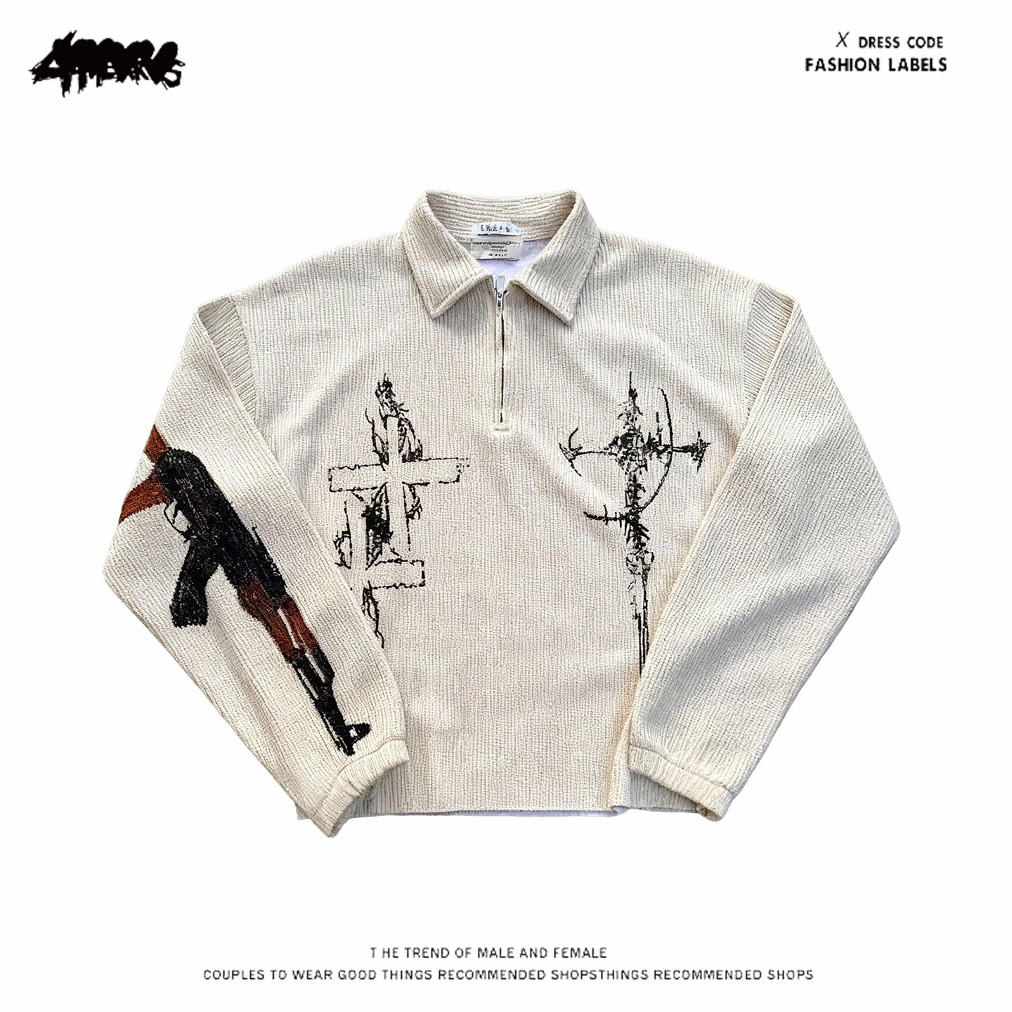 y2k hoodie美式街头宽松半拉链卫衣男女同款枪械印花长袖时尚外套