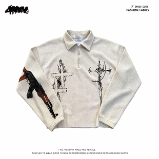 y2k hoodie美式街头宽松半拉链卫衣男女同款枪械印花长袖时尚外套