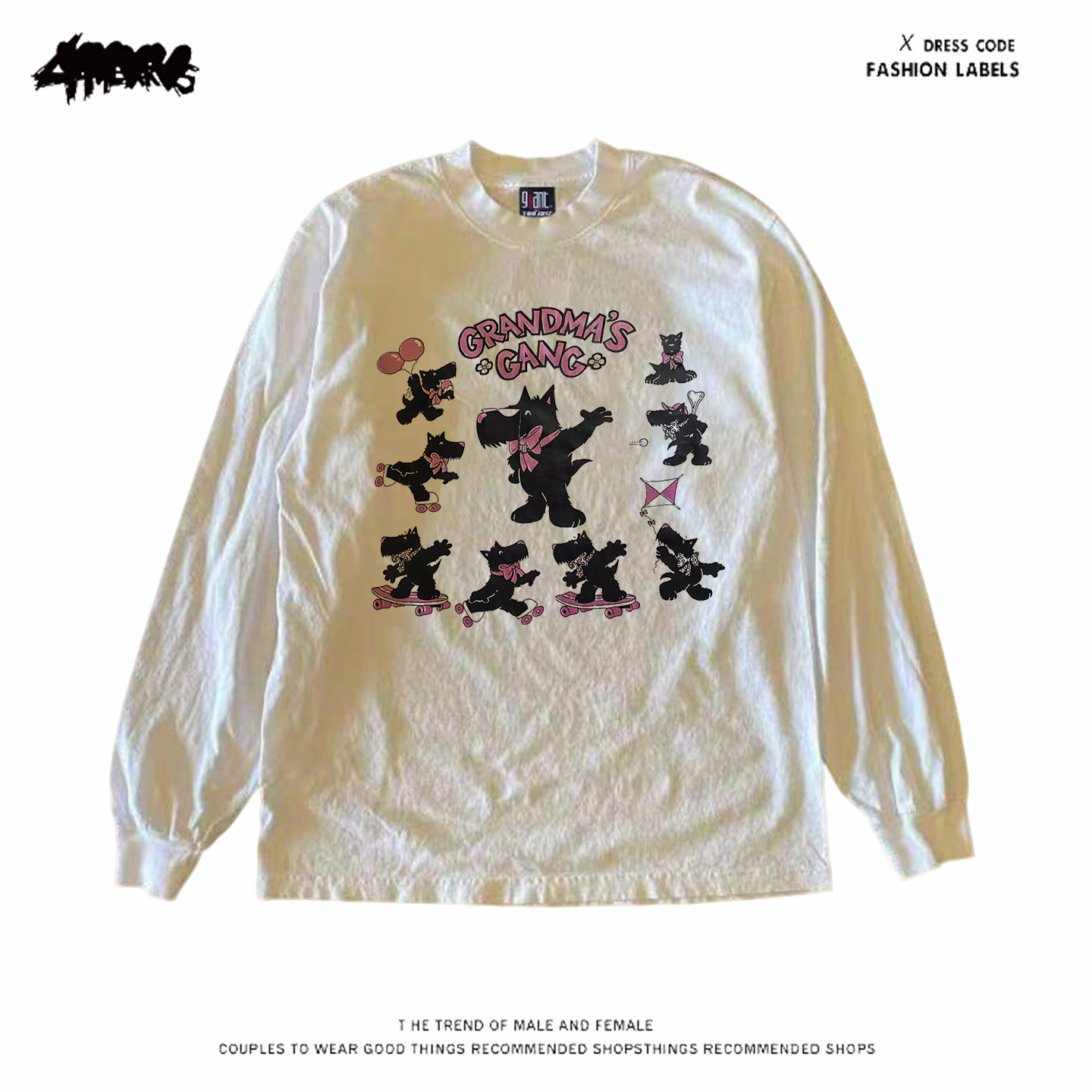 y2k hoodie~美式卡通风长袖T恤男女oversize纯棉圆领印花上衣百搭