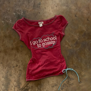 复古 Y2K 风抽绳短袖 T 恤女 辣妹风趣味标语收腰显瘦设计感上衣