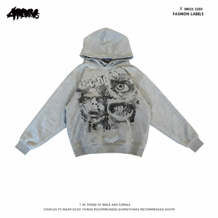 灰色潮 多巴胺卡通印花连帽卫衣男女宽松情侣帽衫 y2k hoodie