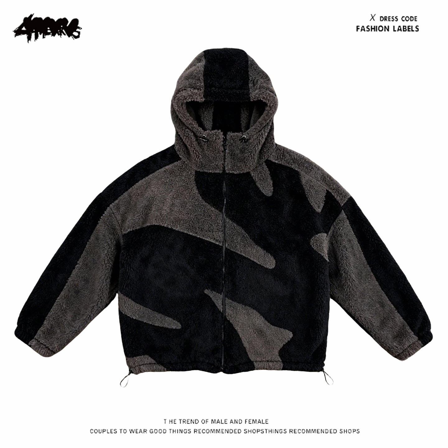 y2k hoodie~美式小众连帽摇粒绒夹克男士冬休闲迷彩拼接加厚外套