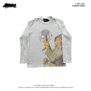 T恤男女通用小众复古潮牌上衣 酷感亚比风动漫印花长袖 y2k hoodie