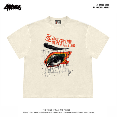 4HEARTS 260克重磅纯棉! 狂野线条~美式小众阿美咔叽短袖T恤男女