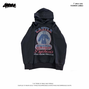 潮流复古印花连帽卫衣男女宽松黑色长袖 美式 休闲上衣 hoodie y2k