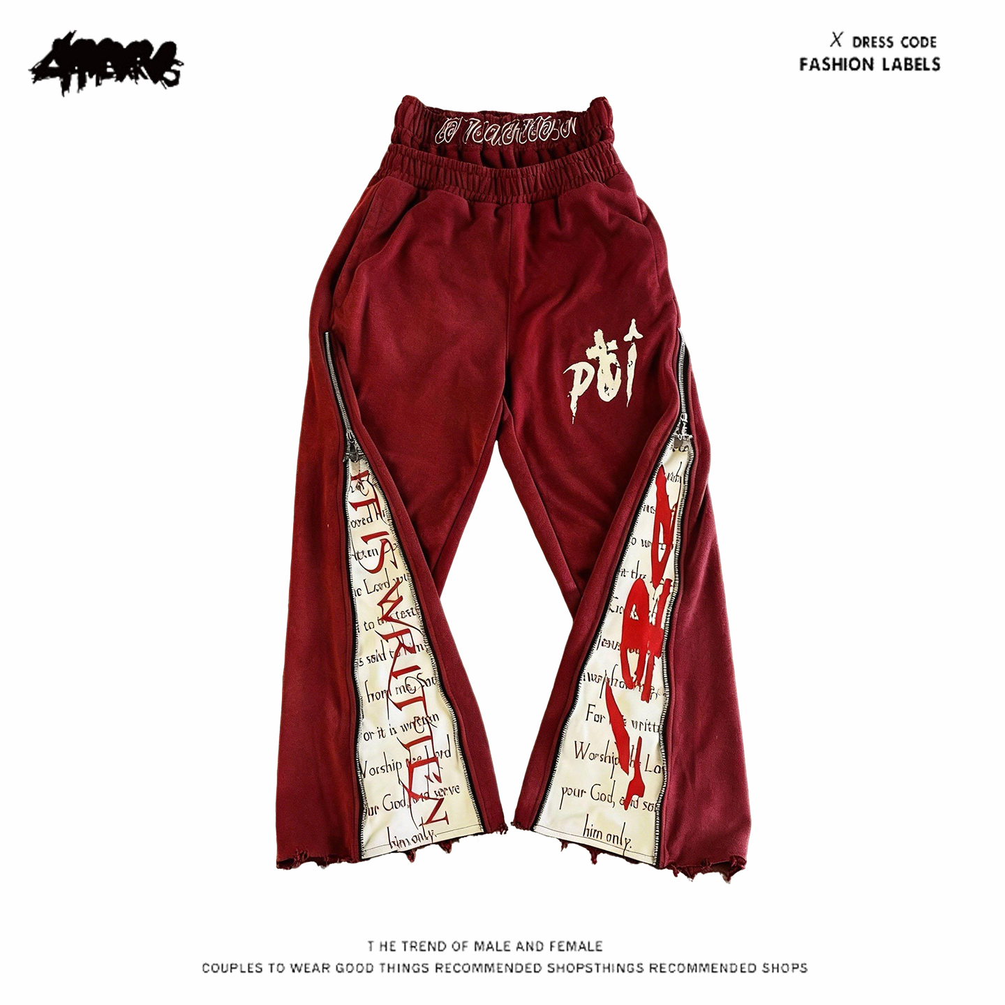 y2k hoodie美式嘻哈风字母印花拼接不对称红色宽松直筒长裤高街潮