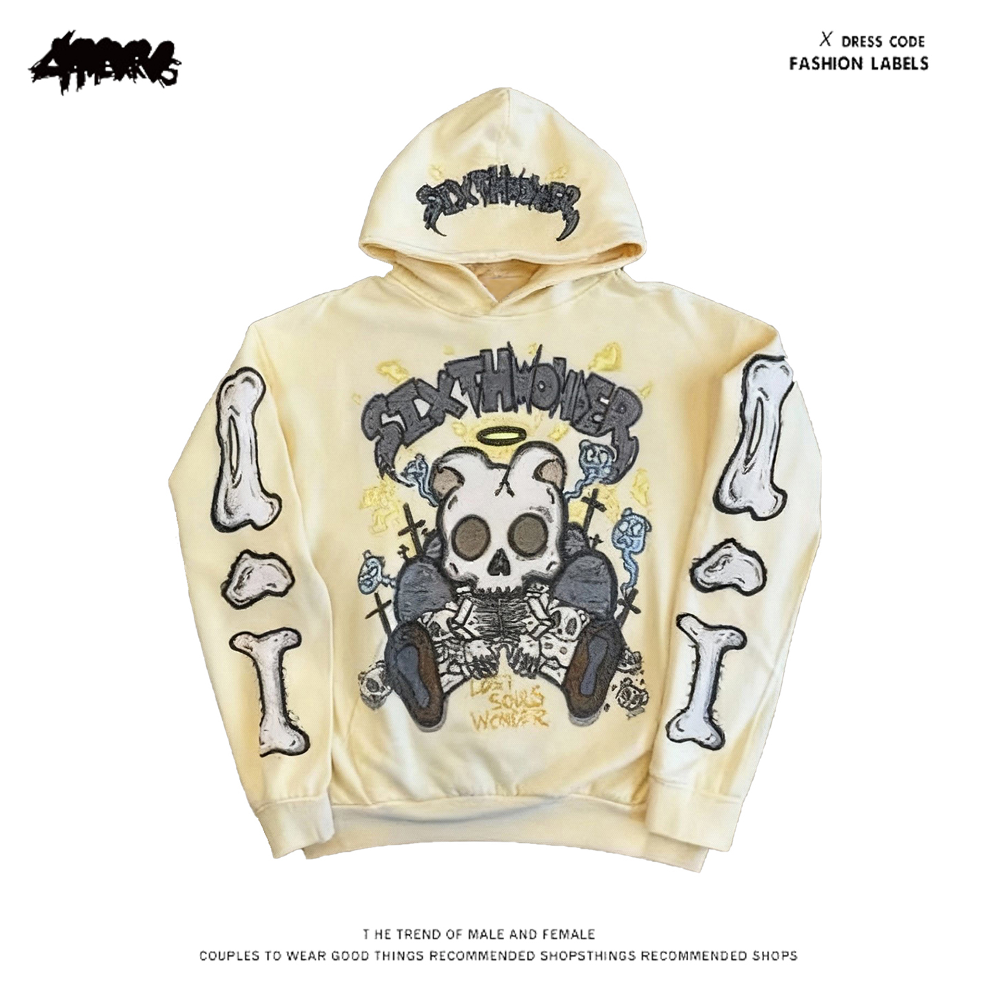 y2k hoodie~高街风骷髅印花连帽卫衣男女街头小众设计感宽松外套