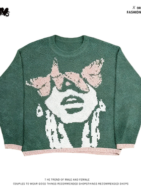 y2k hoodie~卡通人物提花V领针织衫男女宽松绿色毛衣潮款