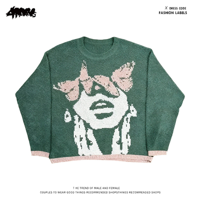 y2k hoodie~卡通人物提花V领针织衫男女宽松绿色毛衣潮款