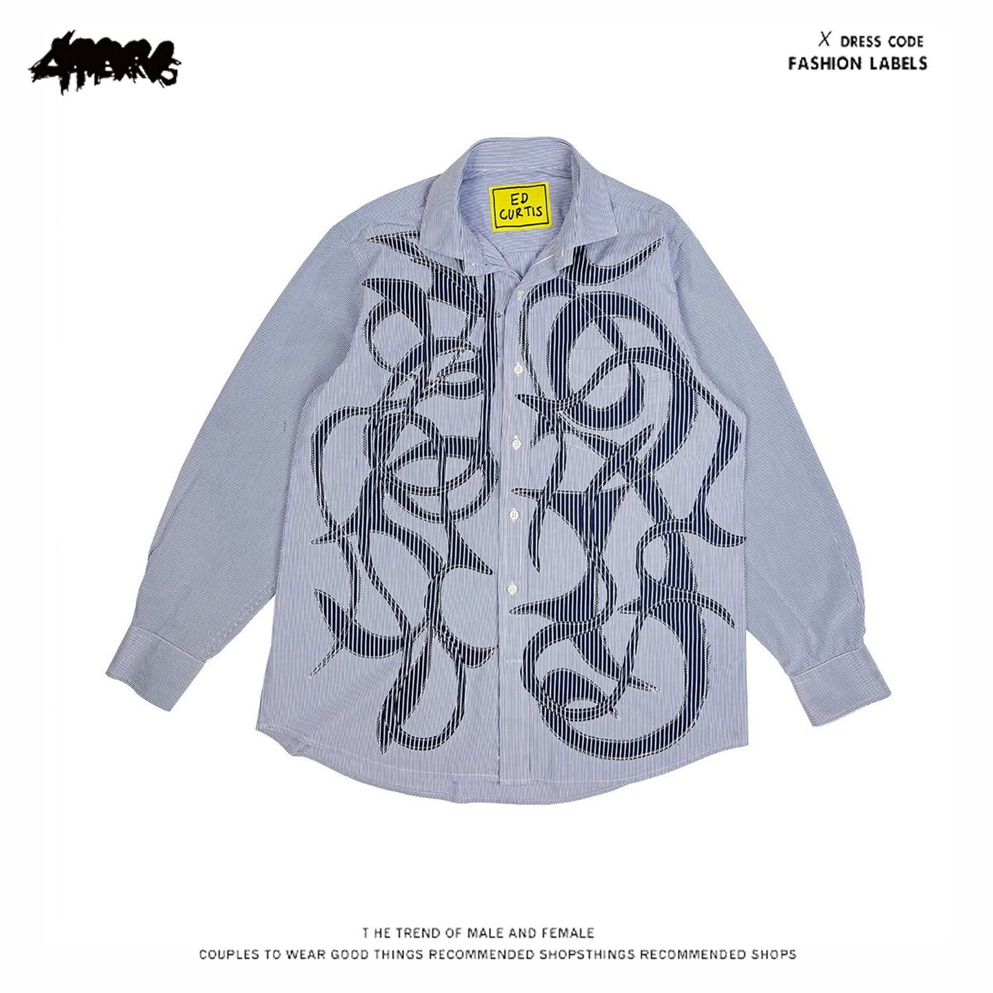 4HEARTS 2025春秋款潮牌设计感衬衫蓝纹创意印花小众重磅上衣