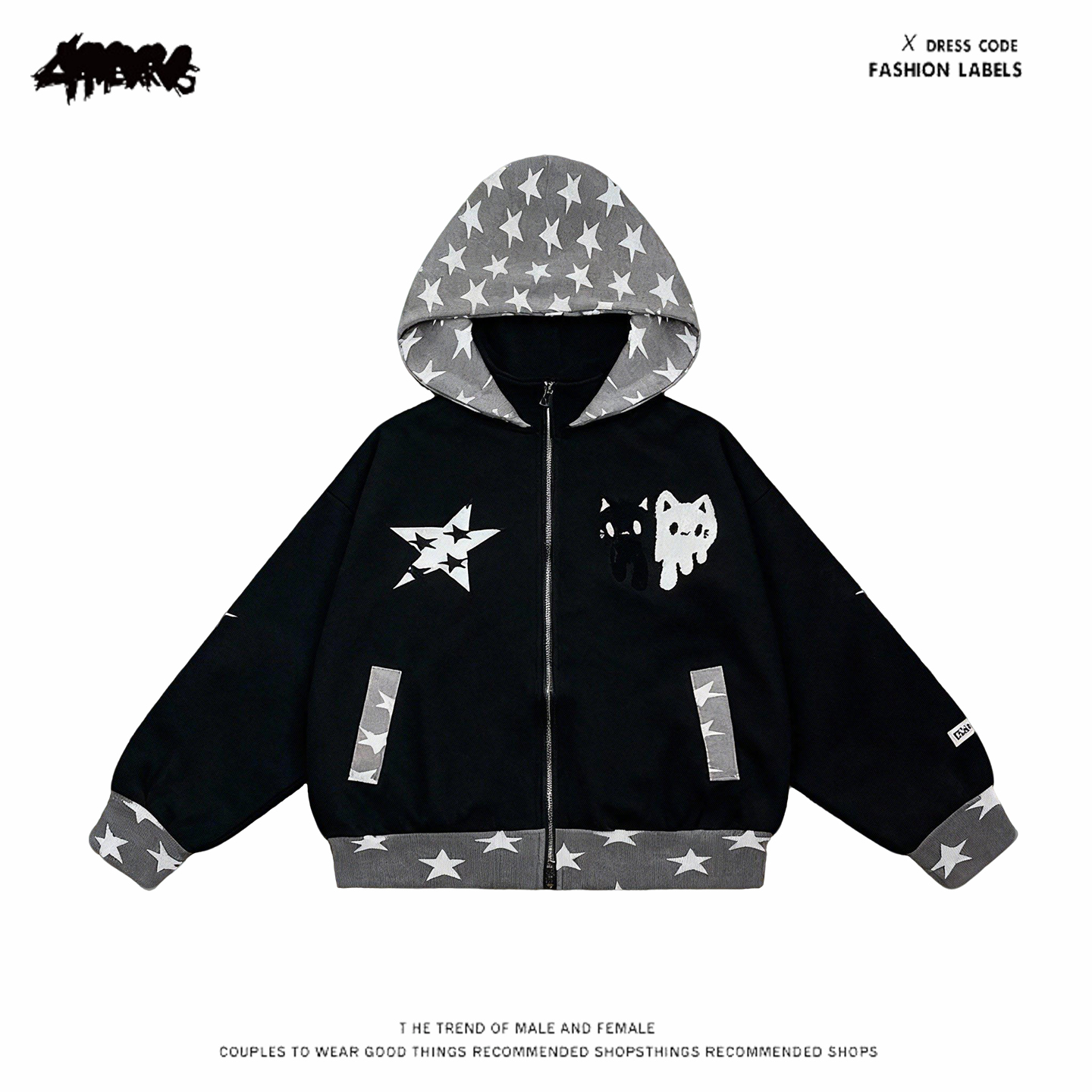 y2k hoodie~美式星星猫咪刺绣连帽卫衣男女宽松开衫外套设计感潮