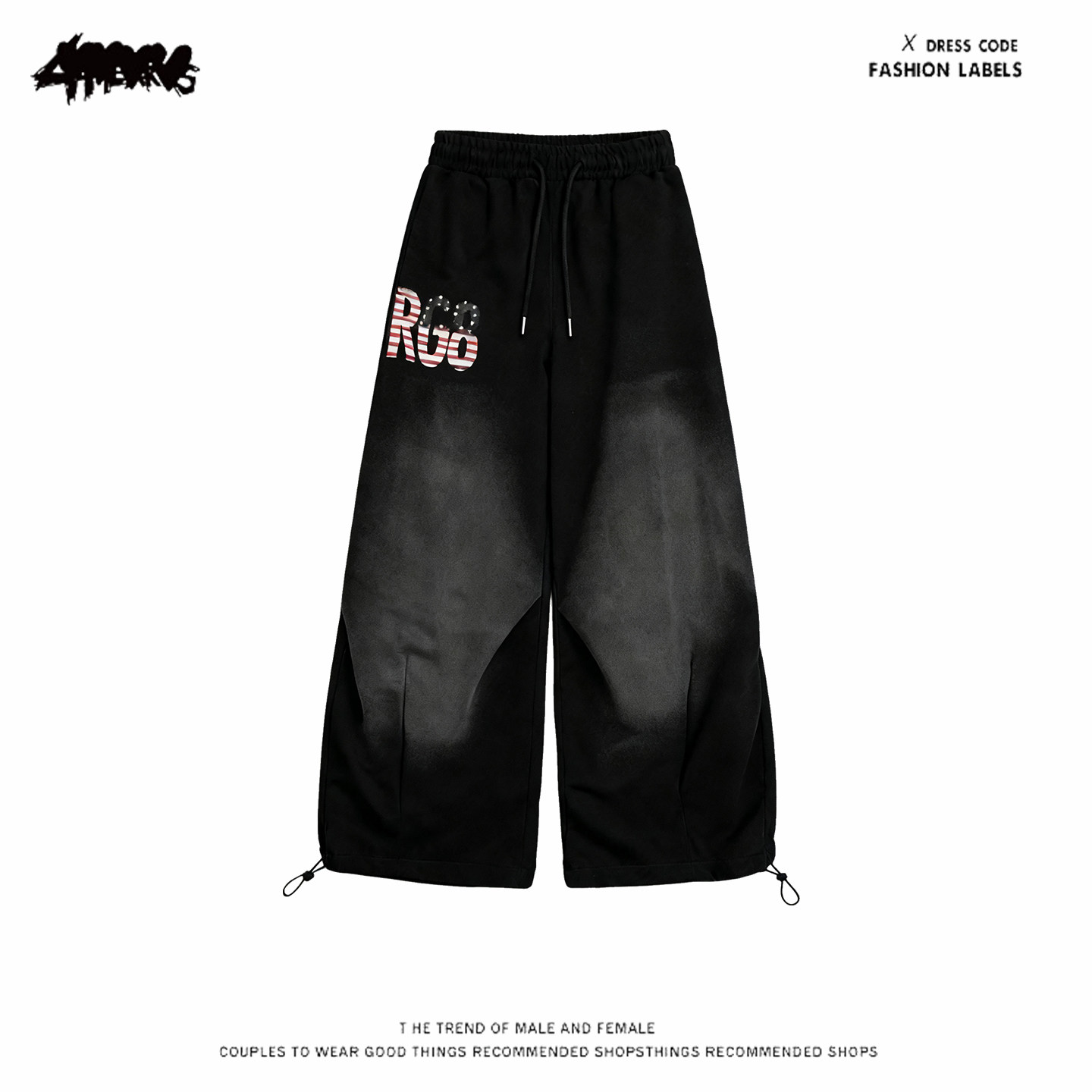 y2k hoodie~美式小众街头风印花卫裤女黑色宽松阔腿裤抽绳长裤潮