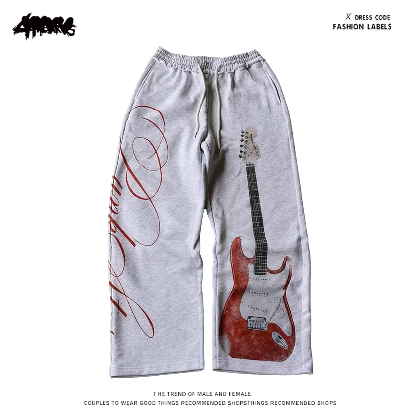 y2k hoodie~摇滚少女风电吉他印花阔腿裤女松紧腰显瘦设计感裤子