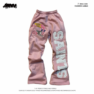 y2k hoodie~美式嘻哈风字母刺绣卫裤男女同款粉色街头休闲长裤