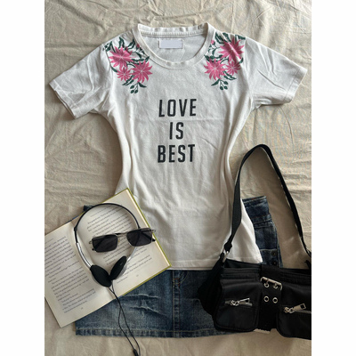 古着收腰显瘦花卉印花T恤女 “LOVE IS BEST” 字母修身短袖上衣
