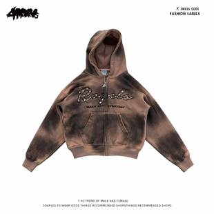 y2k hoodie~美式小众街头做旧拉链连帽卫衣男女同款宽松潮牌外套