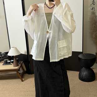 半自由女开衫 宽松V领一粒扣上衣 百搭上衣小众轻薄透气防晒衣袖